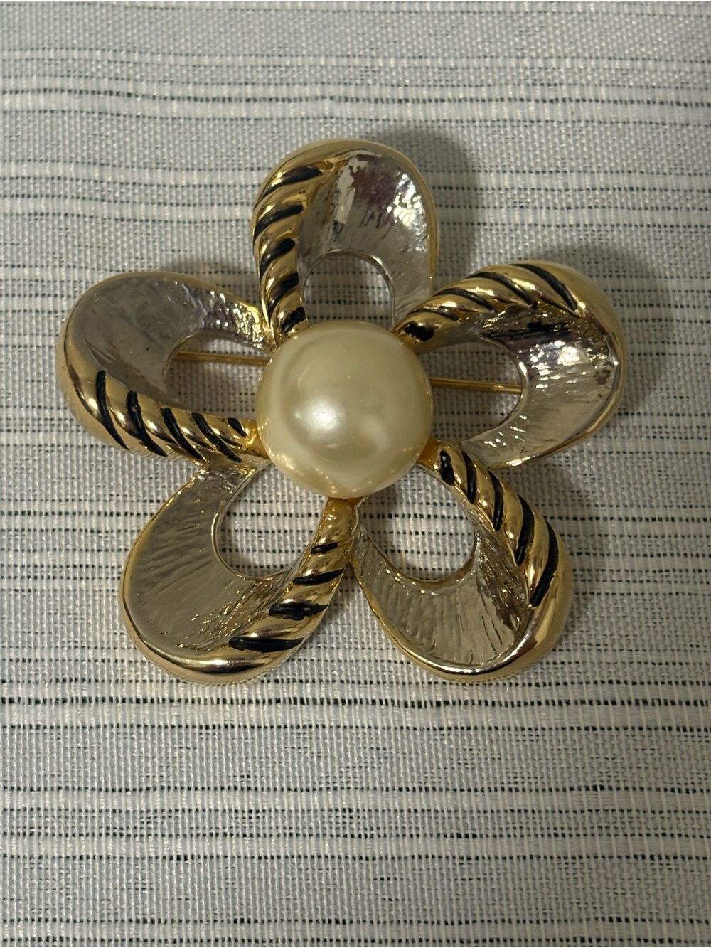 Gold-Tone Flower Brooch with Faux Pearl Center